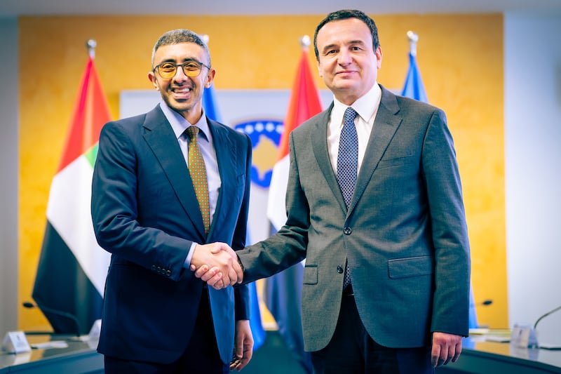 Sheikh Abdullah bin Zayed, Minister of Foreign Affairs and International Co-operation, with Albin Kurti, Prime Minister of Kosovo. Photo: Wam