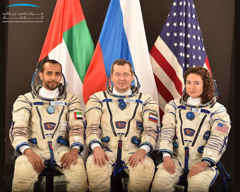 Emirati astronaut Hazza Al Mansouri with Roscosmos commander Oleg Skripochka and American Nasa astronaut, Jessica Meir. Courtesy Dubai Media Office