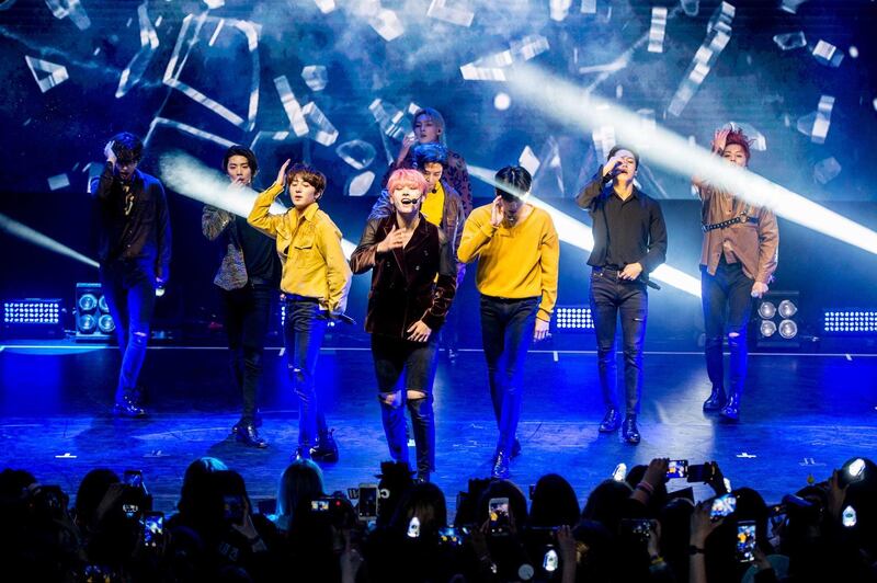 LONDON, ENGLAND - MAY 12: South Korean boy group SF9 (shortened from Sensational Feeling 9) including members Young Bin, In Seong, Jae Yoon, Da Won, Ro Woon, Zu Ho, Tae Yang, Hwi Young and Cha Ni perform on stage at O2 Shepherd's Bush Empire on May 12, 2019 in London, England. (Photo by Ollie Millington/Redferns/Getty Images)