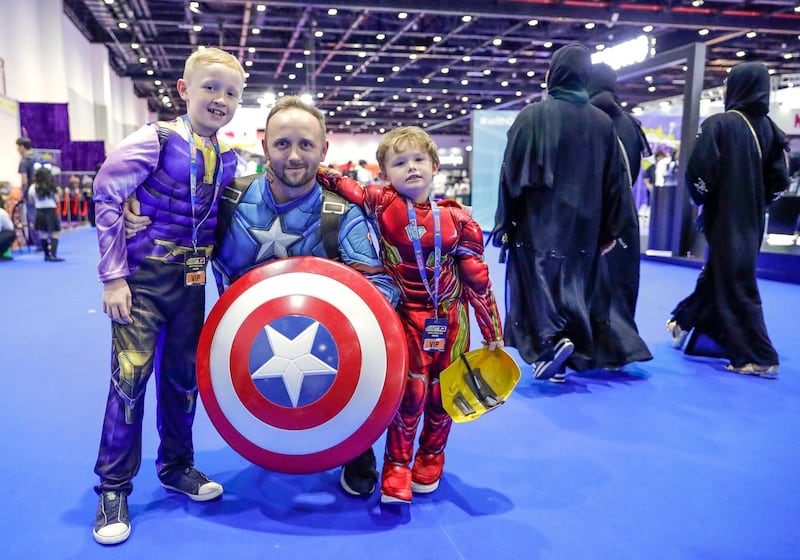 Dubai, April 12,2019.   MEFCC day 2-Captain America- Graeme Sullivan and his sons, Thomas as Tanos and Alfie as Iron Man.Victor Besa/The National.Section:  AcReporter:  Chris Newbould