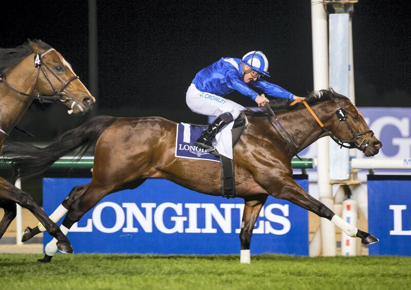 Meydan 11-01-18, Race 2, winner Ertijaal, jockey Jim Crowley, Trainer Ali Rashid Al Rayhi,  Erika Rasmussen for The National