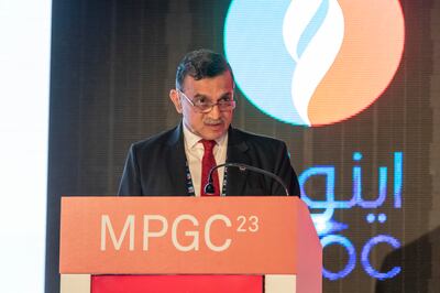 Shrikant Vaidya, chairman of Indian Oil Corporation, speaking at the Middle East Petroleum & Gas conference in Dubai on Monday. Antonie Robertson/The National