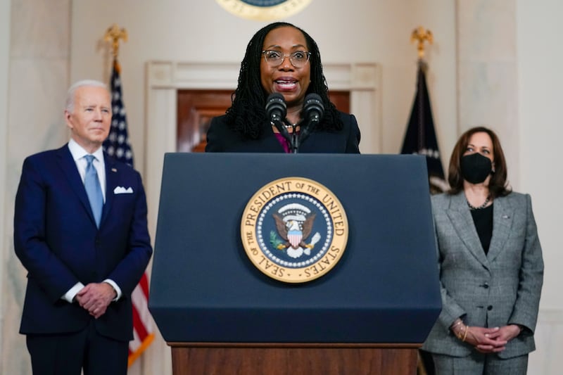 Judge Ketanji Brown Jackson speaks after President Joe Biden announced her as his nominee to the US Supreme Court. AP