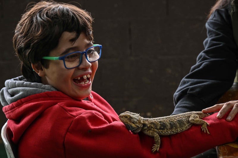 Gabriel smiles when seeing a lizard on him during a therapy session 