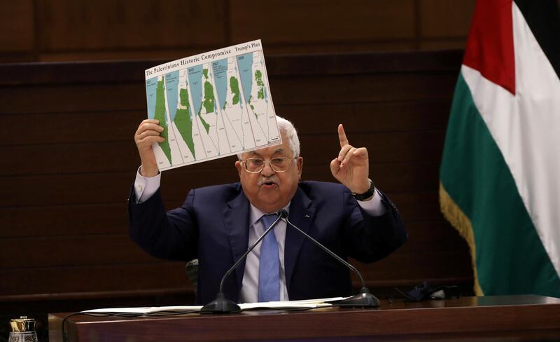 FILE PHOTO: Palestinian President Mahmoud Abbas attends a virtual meeting with Palestinian factions over Israel and the United Arab Emirates' deal to normalise ties, in Ramallah in the Israeli-occupied West Bank September 3, 2020. Alaa Badarneh/Pool/File Photo via REUTERS