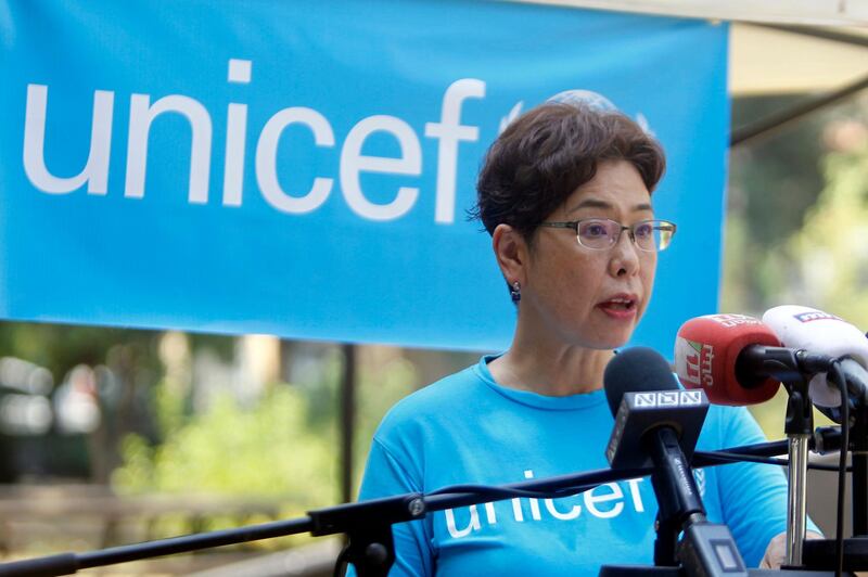 Yukie Mokuo, UNICEF Representative to Lebanon speaks during a press conference after one month of a huge explosion that rocked the city in Beirut, Lebanon. UNICEF declared that urgent action and increased support are vital to ensure that all children affected by the Beirut explosions can access education when the new school year starts later this month, one month after two massive explosions tore through the city. At least 163 public and private schools were damaged by the explosions impacting over 70,000 students and 7,600 teachers. In addition, 20 TVET (Technical and Vocational Education and Training) schools were damaged, impacting approximately 7,300 students. According to Lebanese Health Ministry, at least 190 people were killed, and more than six thousand injured in the Beirut blast that devastated the port area on 04 August and believed to have been caused by an estimated 2,750 tons of ammonium nitrate stored in a warehouse.  EPA