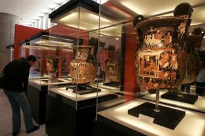 Fourth century artefacts returned by the J Paul Getty Museum in Malibu on display in the New Acropolis Museum's temporary exhibition hall in 2008.