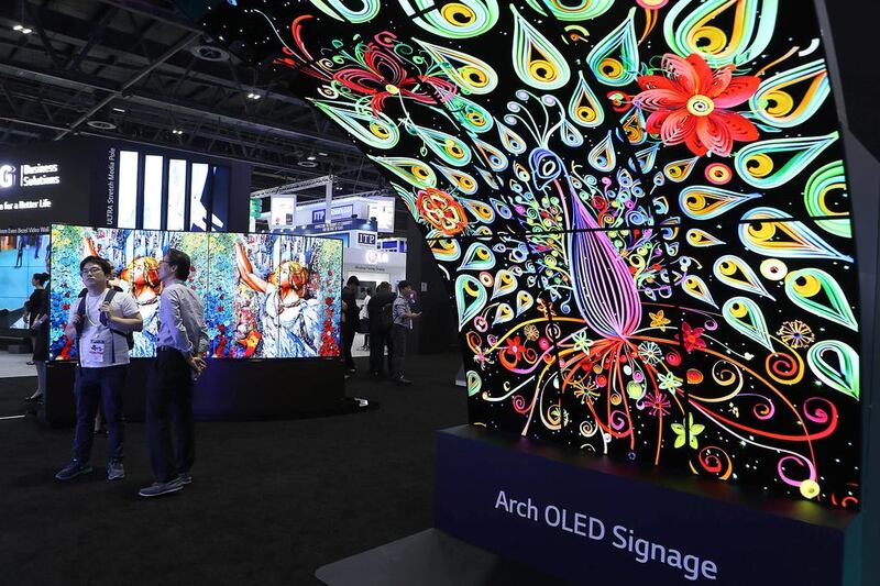 The OLED Arch signage, one of LG's newest products, on display at Gitex Technology Week. Pawan Singh / The National