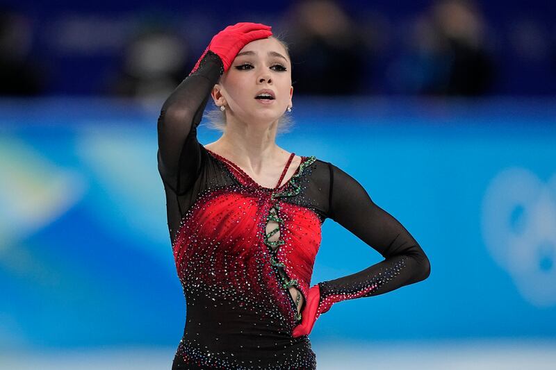 Kamila Valieva, of the Russian Olympic Committee, reacts in the women's team free skate program. AP