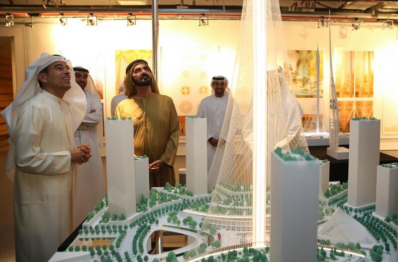 Vice President and Ruler of Dubai Sheikh Mohammed bin Rashid reviewed the designs proposed by international consultancy houses for a new tower to be built by Emaar in the Dubai Creek area. Wam