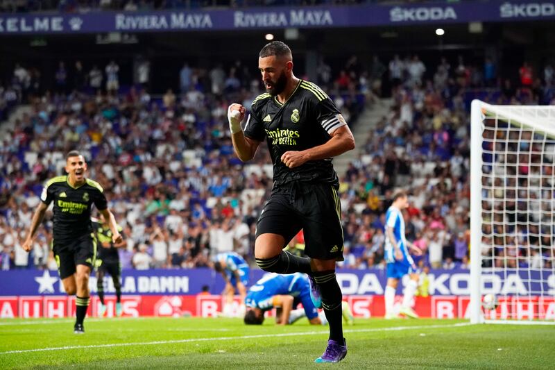 Karim Benzema celebrates after scoring Real Madrid's second goal during a La Liga match against Espanyol in Barcelona, Spain on Sunday, August  28, 2022. AP