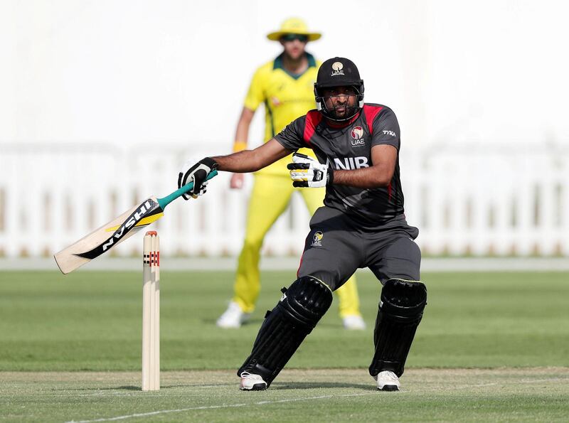 Abu Dhabi, United Arab Emirates - October 22, 2018: Ghulam Shabber of the UAE bats in the match between the UAE and Australia in a T20 international. Monday, October 22nd, 2018 at Zayed cricket stadium oval, Abu Dhabi. Chris Whiteoak / The National