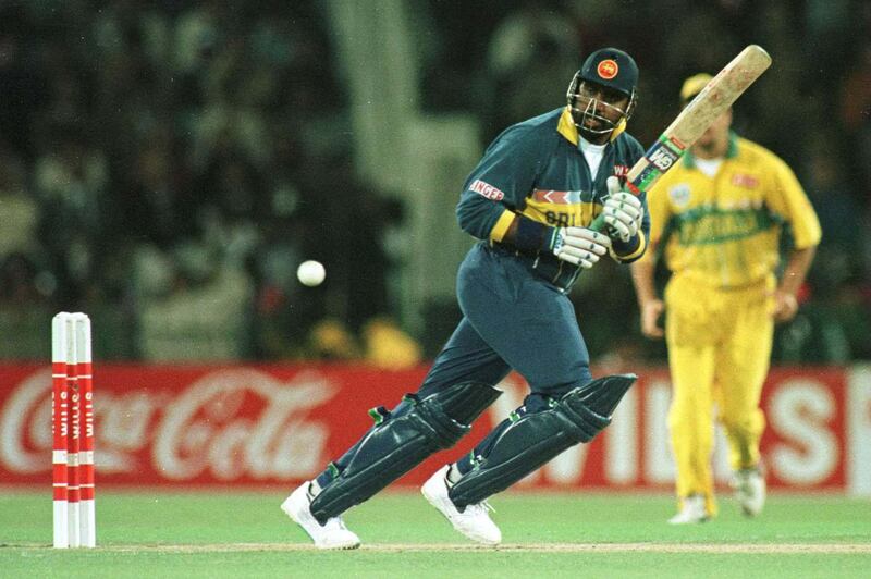 17 March 1996:  Asanka Gurusinha of Sri Lanka plays a shot during his innings of 65 in the Cricket World Cup Final between Australia and Sri Lanka played at the Gaddafi stadium in Lahore. Mandatory Credit: Ross Kinnaird/ALLSPORT / Getty Images