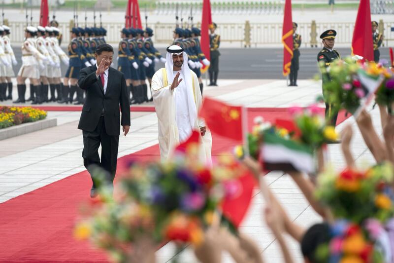 BEIJING, CHINA - July 22, 2019: HH Sheikh Mohamed bin Zayed Al Nahyan, Crown Prince of Abu Dhabi and Deputy Supreme Commander of the UAE Armed Forces (2nd L), attends a reception hosted by HE Xi Jinping, President of China (L), at the Great Hall of the People.

( Mohamed Al Hammadi / Ministry of Presidential Affairs )
---