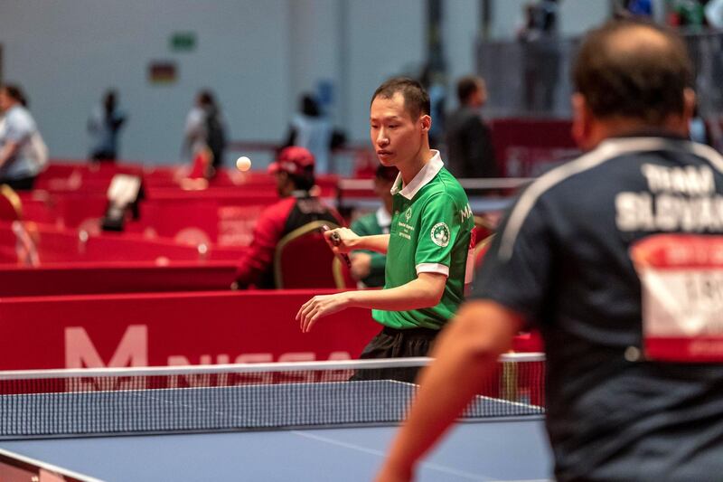 ABU DHABI, UNITED ARAB EMIRATES. 15 MARCH 2019. Special Olympics action at ADNEC. Slovakia vs Macau China, Tabletennis. (Photo: Antonie Robertson/The National) Journalist: None: National.