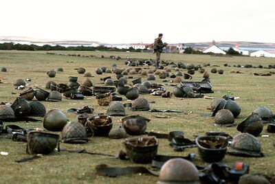 Helmets abandoned by Argentinian forces who surrendered to British troops in the Falklands War. PA