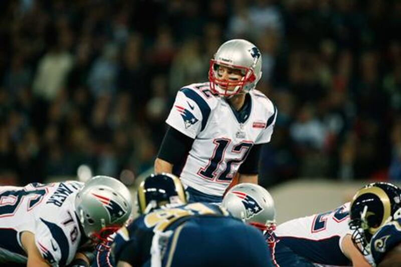 New England Patriots quarterback Tom Brady sizes up his options at Wembley.