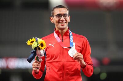 Silver medalist Ahmed Elgendy of Egypt during the medal ceremony for the Modern Pentathlon event at the Tokyo 2020 Olympic Games. EPA  WU HONG