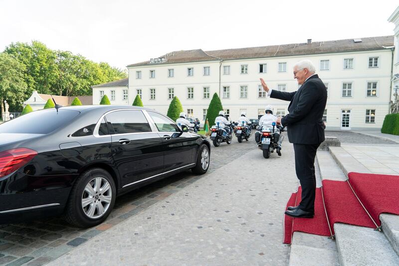 BERLIN, GERMANY - June 11, 2019: HE Frank-Walter Steinmeier, President of Germany (R), bids farewell to HH Sheikh Mohamed bin Zayed Al Nahyan, Crown Prince of Abu Dhabi and Deputy Supreme Commander of the UAE Armed Forces (not shown), after a meeting at the Bellevue Palace.

( Rashed Al Mansoori / Ministry of Presidential Affairs )
---