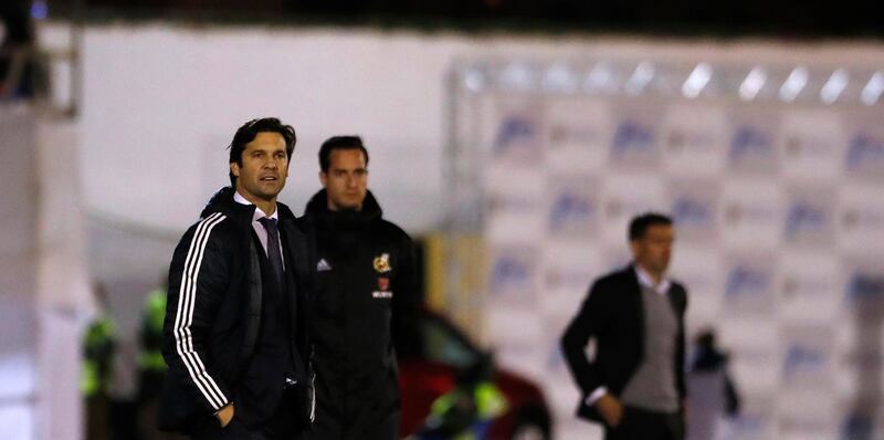 Real Madrid's interim coach Santiago Solari, left, looks on during the Spanish Copa del Rey match. AP Photo