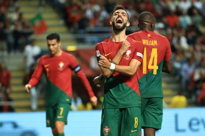 Bruno Fernandes reacts after seeing his effort narrowly miss the target. AP