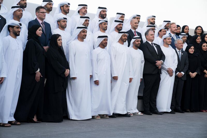 ABU DHABI, UNITED ARAB EMIRATES - September 09, 2019: HH Sheikh Mohamed bin Zayed Al Nahyan, Crown Prince of Abu Dhabi and Deputy Supreme Commander of the UAE Armed Forces (front row, 6th L), stands for a group photo with employees of the Abu Dhabi Airport Company during a Sea Palace barza. Seen with HH Sheikh Suroor bin Mohamed Al Nahyan (5th L) and HH Sheikh Mohamed bin Hamad bin Tahnoon Al Nahyan (7th L).

( Hamad Al Kaabi / Ministry of Presidential Affairs )​
---