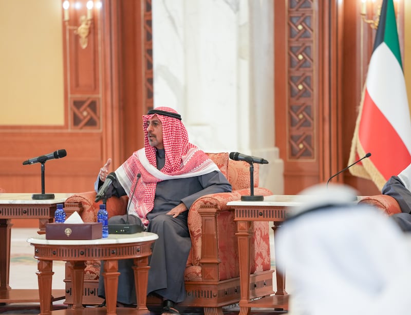 Kuwaiti Prime Minister Sheikh Dr Mohammed Sabah Al Salem speaks to journalists at Seif Palace in Kuwait City before announcing his government’s four-year action plan. Kuna