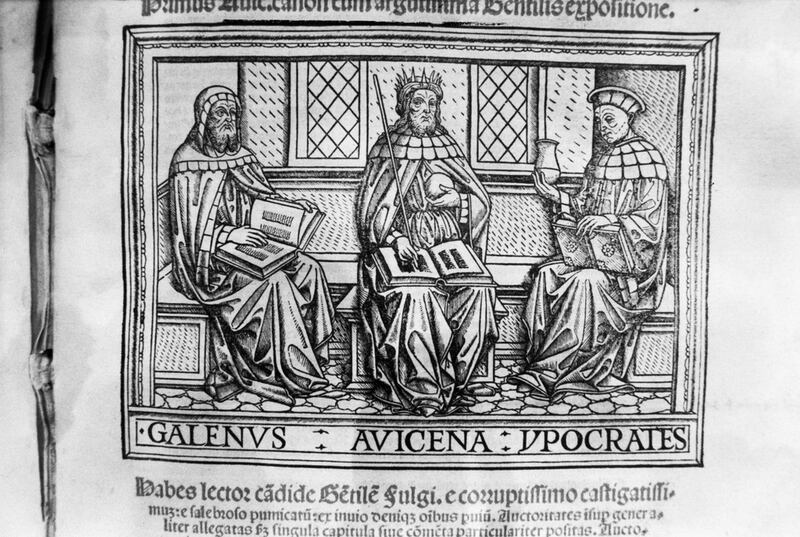 Greek physicians Claudius Galen, left, and Hippocrates, right, with Persian physician Ibn Sina, often known as Avicenna, centre, printed from a 15th century medieval woodcut. Ibn Sina's 11th century medical encyclopaedia, The Canon of Medicine (Kitab Al Qanun fi Al Tibb), combining Greek and Islamic thought, is one of those discussed by author Jack Lynch. Bernd-Jurgen Fischer / ullstein bild via Getty Images.