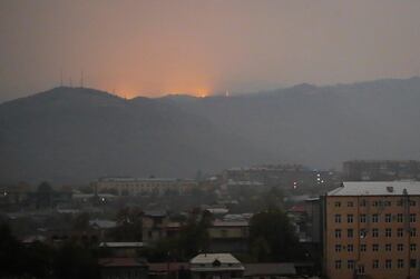 Explosions were seen in Shushi near Stepanakert, the separatist region of Nagorno-Karabakh. Fighting over the territory entered its sixth week on Sunday, when Armenian and Azerbaijani forces blamed each other for new attacks. AP
