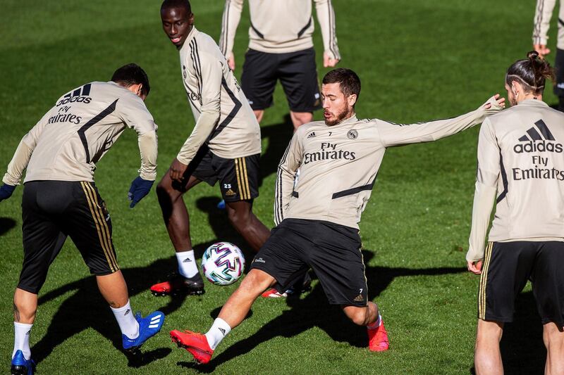 Real Madrid forward Eden Hazard takes part in a training session. EPA