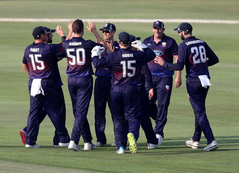 Abu Dhabi, United Arab Emirates - October 04, 2018: Ace's  Jamie Brown takes the wicket of Defenders' Cameron Delport in the game between Auckland Aces and the Boost Defenders in the Abu Dhabi T20 competition. Thursday, October 4th, 2018 at Zayed Cricket Stadium, Abu Dhabi. Chris Whiteoak / The National