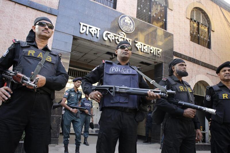 Bangladesh’s Rapid Action Battalion and police mounted extra security at Dhaka Central Jail where Salauddin Quader Chowdhury and Ali Ahsan Mohammad Mojaheed wer hanged early on November 22, 2015. Abir Abdullah / EPA