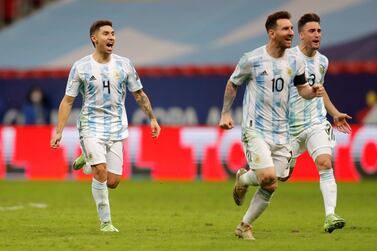 Argentina's Lionel Messi (C) celebrates with his teammates after defeating Colombia in the penalty shootout, at the conclusion of the Copa America semifinal soccer match between Argentina and Colombia at Mane Garrincha stadium in Brasilia, Brazil, 06 July 2021.   EPA / FERNANDO BIZERRA