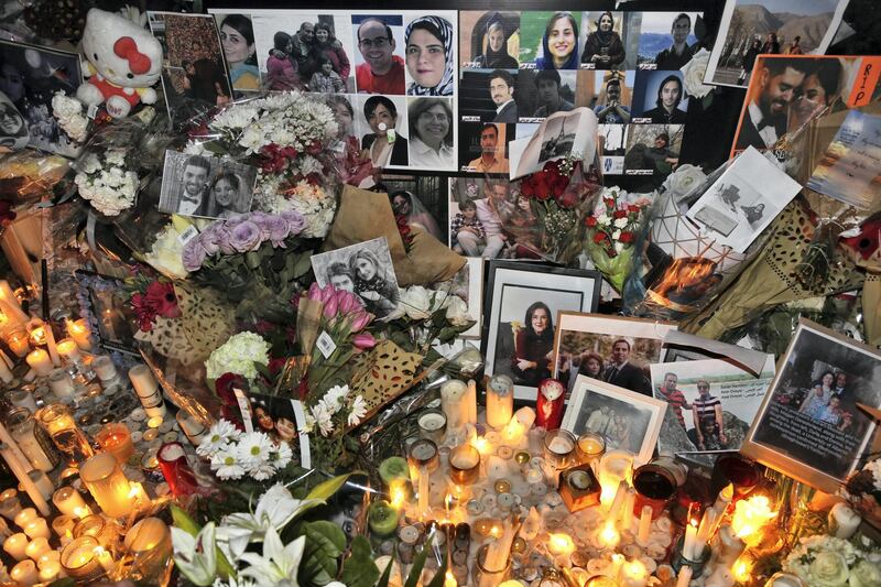 Memorial during a candlelight vigil at Mel Lastman Square in Toronto, Ontario, Canada, on January 09, 2020 for the victims of the Ukrainian International Airlines flight PS752 plane crash. On 8 January 2020, the Ukrainian airliner crashed approximately six minutes after takeoff from Tehran airport killing all 176 people on board. Newly emerging video appears to show a missile being fired and hitting the plane. Leaders of Canada and Britain said that they have intelligence that the Ukrainian airliner was shot down by an Iranian surface-to-air missile. Canadian Prime Minister Justin Trudeau said Canada's intelligence, as well as intelligence provided by allies, shows that the commercial aircraft was shot down by an Iranian surface-to-air missile. 63 Canadian citizens were killed in the crash. (Photo by Creative Touch Imaging Ltd./NurPhoto via Getty Images)