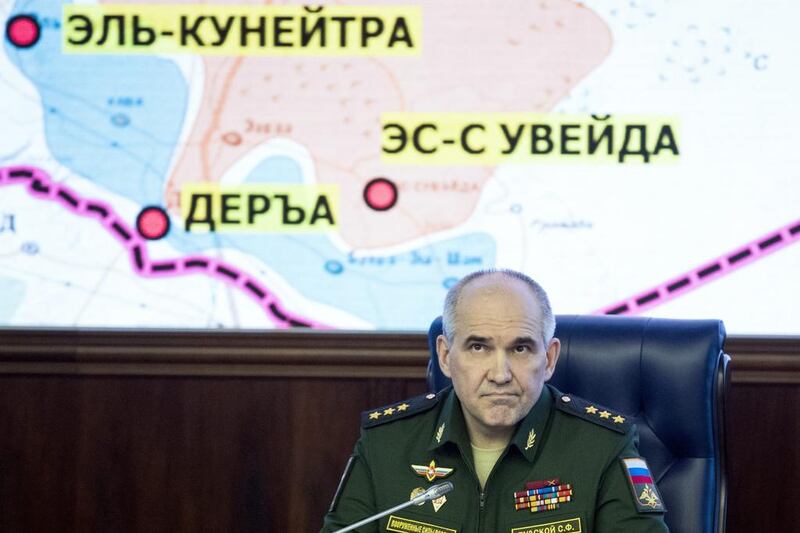 General Sergei Rudskoi of the Russian general staff speaks to the media about planned ‘de-escalation zones’ in Syria at the defence ministry in Moscow on May 5, 2017. Pavel Golovkin / AP Photo