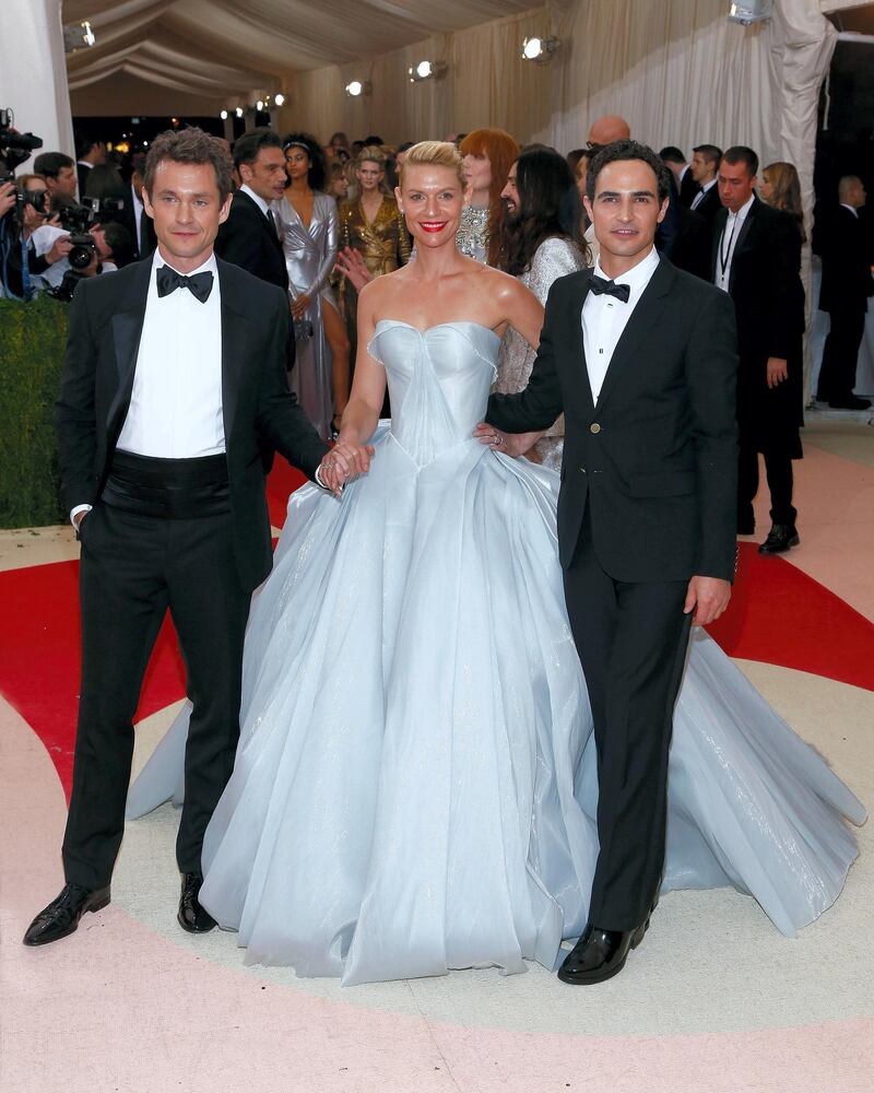 Claire Danes, Zac Posen, and Hugh Dancy attend the 2016 Costume Institute Gala at the Metropolitan Museum of Art on May 02, 2016 in New York, New York.