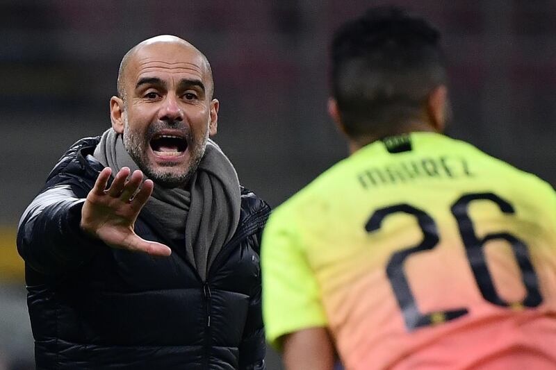 Manchester City's Spanish manager Pep Guardiola gives instructions after Manchester City's Chilean goalkeeper Claudio Bravo received a red card during the UEFA Champions League Group C football match Atalanta Bergamo vs Manchester City on November 6, 2019 at the San Siro stadium in Milan. / AFP / Marco Bertorello
