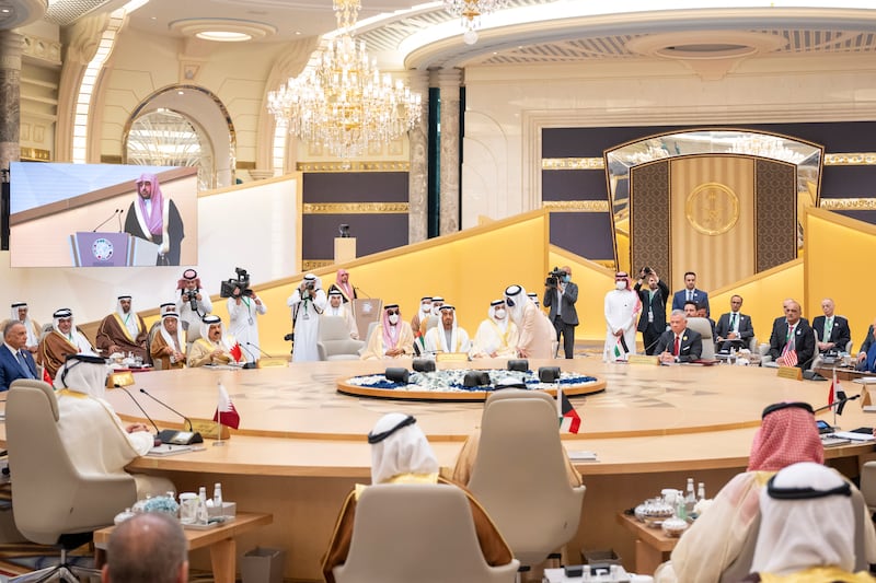 The President, Sheikh Mohamed takes part in the Jeddah Security and Development Summit, at the King Abdullah International Convention Centre. Also pictured are National Security Adviser Sheikh Tahnoun bin Zayed, Deputy Prime Minister and Minister of Presidential Affairs Sheikh Mansour bin Zayed and Minister of Foreign Affairs and International Co-operation Sheikh Abdullah bin Zayed.