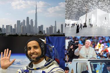 From top left: Burj Khalifa, Louvre Abu Dhabi, Pope Francis in Abu Dhabi and Emirati astronaut Hazza Al Mansouri. EPA, Christopher Pike / The National, Victor Besa / The National, AFP