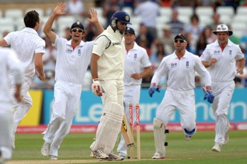 India’s vaunted batting line-up, including VVS Laxman, centre, have not done justice to their reputations in the way they have dealt with England’s bowling in the Test series so far.