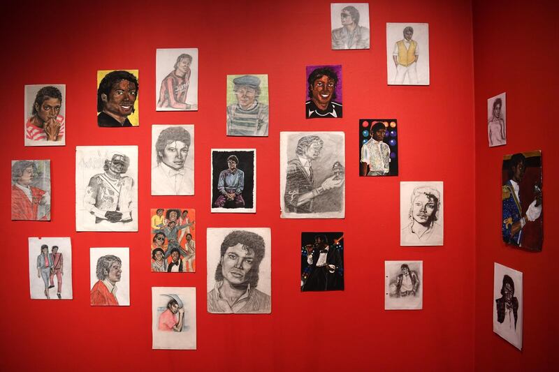 Dawn Mellor's works "Drawings of Michael Jackson" are displayed during a press preview of the exhibition "Michael Jackson: On the Wall" at the National Portrait Gallery in London, Britain, on June 27, 2018. Neil Hall / EPA