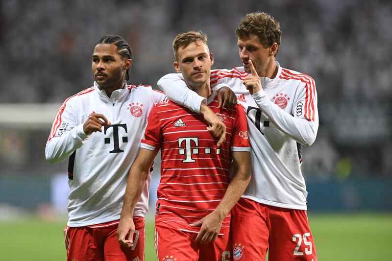 Bayern Munich's German midfielder Serge Gnabry, Joshua Kimmich and Thomas Muller at the end of the match. AFP