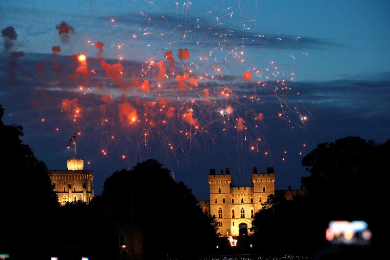 Fireworks explode above Windsor Castle during the lighting of the principal platinum jubilee beacon ceremony during the Queen Elizabeth II's platinum jubilee celebrations in Windsor, Britain, June 2, 2022. Reuters