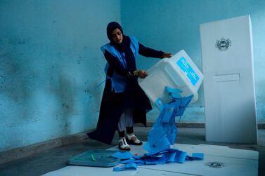 An Afghan Independent Election Commission official empties a ballot box to count ballot papers in Herat on September 28. AFP