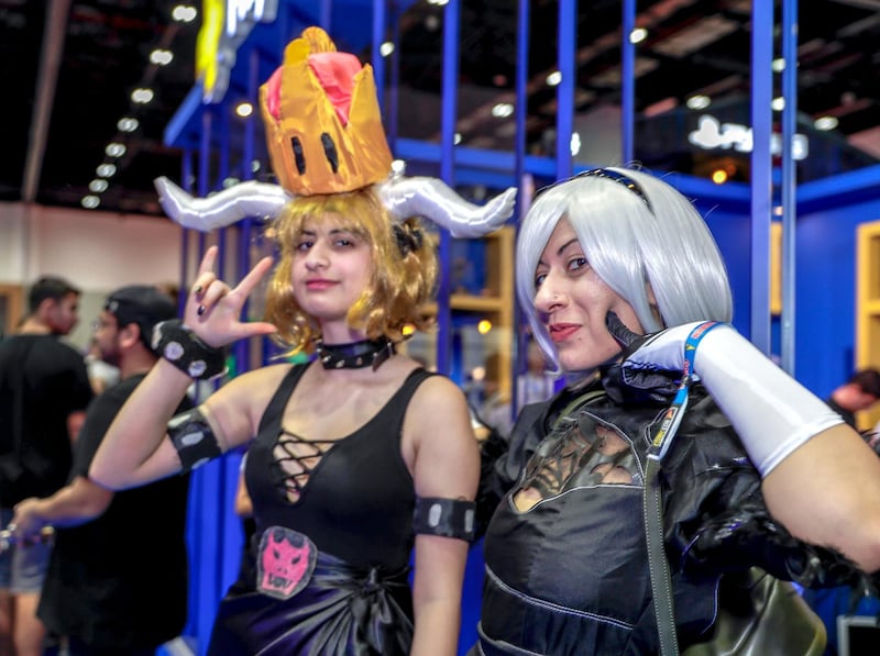 Dubai, April 12, 2019.  MEFCC day 2-Comic Con goers at full swing on day 2.  --Sana Khan as Bowsette of Mario Bros. and Mariam Khan as 2B from Neir.Victor Besa/The National.Section:  AC  Reporter:  Chris Newbould