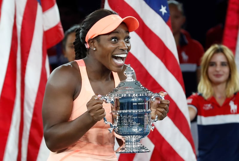 Tennis - US Open - Womens Final - New York, U.S. - September 9, 2017 - Sloane Stephens of the United States celebrates with the trophy after defeating Madison Keys of the United States.    REUTERS/Mike Segar
