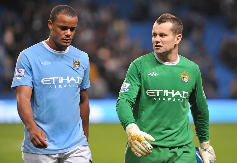 Carling Cup, Fourth Round, Manchester City v Scunthorpe United, City of Manchester Stadium, Manchester City's Vincent Kompany (left) and goalkeeper Shay Given (right) after the final whistle.   (Photo by Ed Garvey/Manchester City FC via Getty Images)