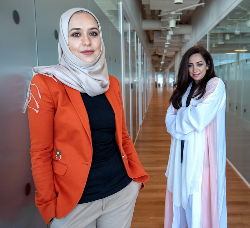 Abu Dhabi, United Arab Emirates, February 16, 2021. GenS: Takalam, online mental health counseling platform  co-founders,  Khawla Hammad, left, and Inas at Hub71.
Victor Besa/The National
Reporter:  Kelsey Warner
Section:  BZ