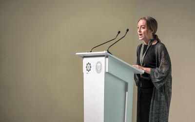 Elif Narbay speaks to the audience after becoming the first recipient of the Haitham Zamzam Al Hammadi Medal of International Friendship. Photo by American Community School of Abu Dhabi, May 2018