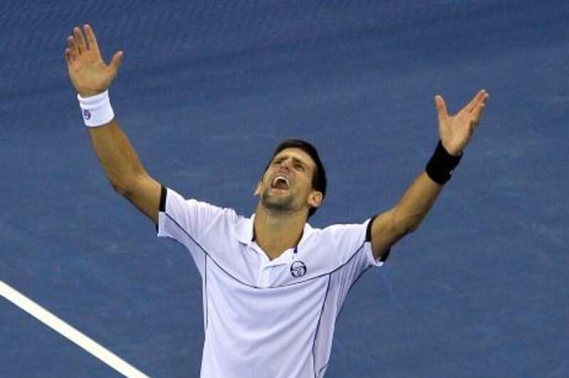 NEW YORK, NY - SEPTEMBER 12: Novak Djokovic of Serbia reacts after he won match point against Rafael Nadal of Spain during the Men's Final on Day Fifteen of the 2011 US Open at the USTA Billie Jean King National Tennis Center on September 12, 2011 in the Flushing neighborhood of the Queens borough of New York City.   Chris Trotman/Getty Images/AFP== FOR NEWSPAPERS, INTERNET, TELCOS & TELEVISION USE ONLY ==
 *** Local Caption ***  816973-01-09.jpg